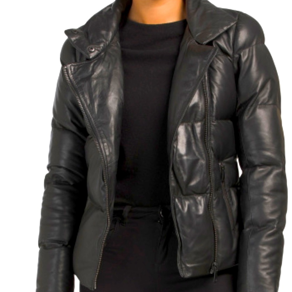Black Genuine Leather Puffer jacket